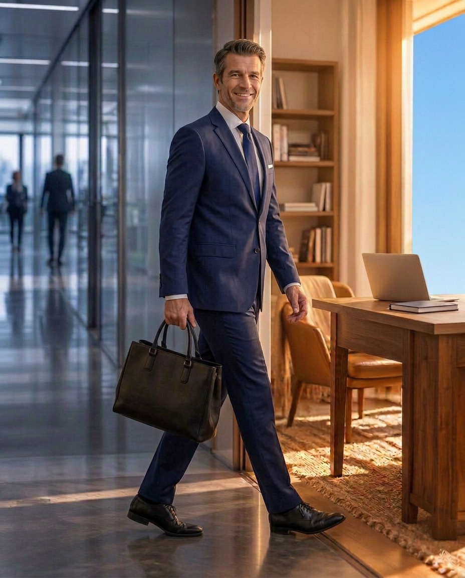 A professional stepping out of a corporate setting into her own workspace